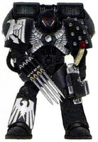 Raven Guard Assault Marine in Mark VI Corvus Power Armour armed with Lightning Claws and Bolt Pistol