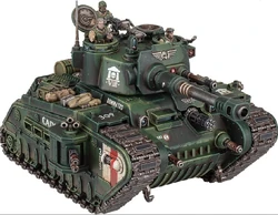A Rogal Dorn Battle Tank of the  armed with an  and a co-axial  as primary turret weapons.