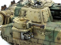 A Stormsword Arkurian Pattern Super-Heavy Tank sponson-mounted weapons (close-up view).