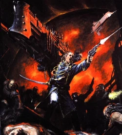  Hito Ulanti leading the assault on the Bellerophon, while his warship, the  Lord Solar Macharius is in the background.