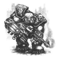 An ancient Remembrancer sketch of an Ogryn attached to an Imperial Army Auxilia unit during the Horus Heresy