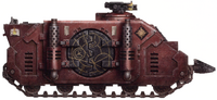 Word Bearers Legion Rhino Armoured Personnel Carrier attached to the Gal Vorbak of the 7th Assault Company of the Serrated Suns Chapter during the Drop Site Massacre on Istvaan V in 006.M31; note the complex geometric designs inscribed on its hull, applied by the XVII Legion's Chaplains using designs originating with First Chaplain Erebus; these symbols appear to bear some special significance for the Gal Vorbak and seem to be based on the astrological charts of old Colchis