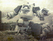 An ancient pict-capture of a World Eaters Legion Contemptor Dreadnought during the Istvaan III Atrocity.