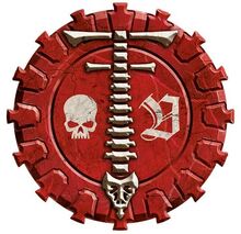 A Legio Vulpa Titan badge that depicts the stylised letter "T" of the Adeptus Titanicus as well as the letter "V," which represents the Legio Vulpa.