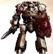 A Legio Custodes Contemptor-Galatus Dreadnought, Vettranio Shapura, armed with a Galatus Warblade with built-in twin-linked Infernus Incinerator and a Praesidium Shield.