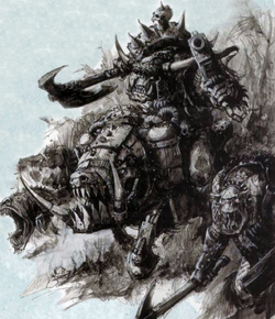 An   riding into combat upon his Super-Cyboar mount