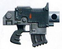 Mark II Angelus-Ves Pattern Bolt Pistol used by the Blood Angels Chapter.