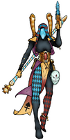 A Harlequin Shadowseer's garb incorporates a version of their masque's colours and rune, while occasionally displaying the device of whichever Troupe they most often fight alongside.