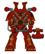 A Khornate Berzerker of the Skullsworn armed with a Chainaxe; Skullsworn Khorne Berzerkers wear the same colours as the warband's other Heretic Astartes