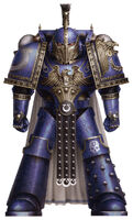 Ultramarines Legion Invictarus, note the Artificer- wrought Mark IV Maximus Power Armour, this armour's adornments and markings indicate this Astartes' former service with the Invictarus Suzerains, while his helmet crest marks his rank as that of a Centurion