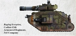 The Leman Russ Punisher Raging Scorpion of the  12th Armoured Regiment's 3rd Company