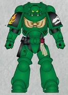 A Salamanders Primaris Space Marine in Mark X Tacticus Power Armour.