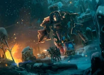 An Imperial Knight Crusader supporting Imperial Guard troops.