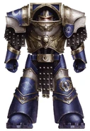 UM Legion Termi 2.jpg (542 KB) An Ultramarines Legion Terminator in Cataphractii Pattern Terminator Armour; the laurel and skull icon indicating rank was conferred by the hand of a Chapter Master; the marking on the left poleyn is a personal motif.