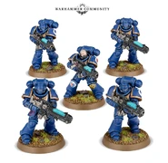 A Hellblaster Squad of Primaris Space Marines in service to the Ultramarines Chapter wielding their characteristic Mark III Belisarius Pattern Plasma Incinerators.