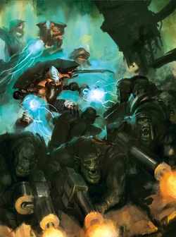 Warp Spinders flank Orks