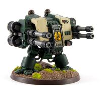 A Mortis Dreadnought of the Dark Angels Chapter armed with twin-linked Autocannons, front view