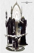 The act of armouring a Space Marine can be an elaborate ritual seeking the blessing of the Emperor and the goodwill of the power armour's own Machine Spirit; here, a Dark Angels Astartes is purified before the armour is placed upon him by Chapter serfs.