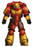 A Fire Lords Primaris Space Marine in Mark X Tacticus Power Armour.