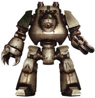 Kahgor Lothsul, a Contemptor Pattern Dreadnought of the Death Guard who fought in the battles of the Horus Heresy; note that this particular Dreadnought armament configuration of Power Claw and Multi-Melta was the most common utilised by the Death Guard Legion for its Dreadnoughts