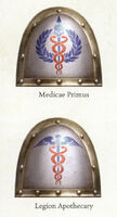 Ultramarines Legion Apothecarion shoulder plates; Apothecaries replaced some or all of the Legion's standard cobalt blue with white, making them easily recognisable on the field of battle. They also bear the "Prime Helix", the symbol of their unique genetic inheritance.