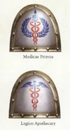 Ultramarines Legion Apothecarion shoulder plates; Apothecaries replaced some or all of the Legion's standard cobalt blue power armour colour with white, making them easily recognisable on the field of battle. They also bear the "Prime Helix," the symbol of their unique genetic inheritance as transhuman Astartes.