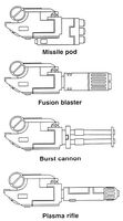 A selection of Battlesuit weapons designed for the XV81, XV84 and XV89 variants of the XV8 Crisis Battlesuit