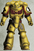 An Imperial Fists Primaris Space Marine, Brother Orntek, 3rd Company, 2nd Squad (Battleline) in Mark X Tacticus Power Armour