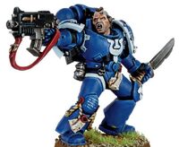 A Tyrannic War Veteran armed with a Bolter and Combat Knife