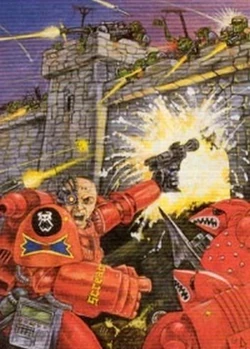 The infamous "Jaws of Doom"  launches a frontal attack on a heavily defended  fortress; note the snarling shark-like maws depicted on their helmets and their use of an alternative Chapter badge -- a monstrous white skull on a black circle.