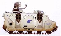 Damocles Command Vehicle of White Consuls Chapter, 5th Company. Part of the Chapter's commitment to the defence of the Cadian Gate against the Thirteenth Black Crusade. As a member of the 'Astartes Praeses', the entire Chapter was committed to the battle.