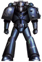 A Pre-Heresy Alpha Legion Veteran Legion Tactical Squad Marine in Mark VI "Corvus-Alpha" Pattern Power Armour; this armour is decorated with a number of icons and markings commonly observed in use by the Alpha Legion