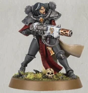 A battle-sister of the Order of the Glowing Chalice armed with a Meltagun.