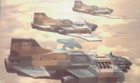 A patrol of Thunderbolts surveys the Calnix Channel during the Scourging of Kerrack; each Thunderbolt carries the distinctive colour scheme and markings of the Kerrack Air Command, denoting it as a unit of the Planetary Defence Force.