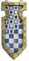 Legio Gryphonicus livery shield affixed to the Warmaster-class Heavy Battle Titan Aurem Castigtor, which depicts enemy Titan kills.