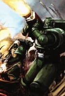 Dark Angels Devastator Marine firing a Missile Launcher in combat