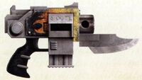 Ancient Tigrus Pattern Bolt Pistol with Combat Blade attachment, Word Bearers Legion.