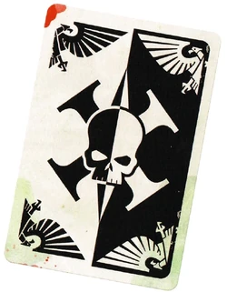 A Callidus Temple death card often left at the scene of a successful assassination by the Temple's agents. When touched, the card projects a hololith of the victim's face in their moment of , complete with a looped recording of their agonised screams.