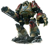 Minotaurs Contemptor Pattern Dreadnought, armed with a Kheres Pattern Assault Cannon and a Dreadnought Close Combat Weapon with in-built twin-linked Bolter.