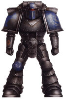 Ultramarines Legion Destroyer wearing mid-production Mark II Crusade Power Armour; this Astartes displays the predominately black heraldry often worn by Destroyer units and bears a Veterans laurel on his left shoulder pauldron and the three-pointed Destroyer icon on the right; the Terran Raptor Imperialis icon at the waist indicates the bearer is a veteran of the early Great Crusade, and in this case, Terran in origin