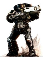 An Iron Hands Tactical Marine in combat with a Bolter; note the extensive Bionic augmentation