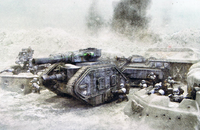 A Leman Russ battle tank, a Sentinel, a Hellhound, and several infantry squads defending a strongpoint during the Imperial defence of Betalis III