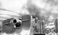 An enemy shell almost hits a Vindicator during a battle