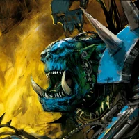 The notoriously superstitious Deathskulls Warboss, Raddak Bluefinga, wearing his "lucky" blue paint