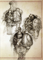 Ancient Remembrancer depictions of Sons of Horus Centurion and Command units, later Great Crusade era; note that the divergent armourial and Cthonian glyph patterns increased in use at this time, alongside repeated use of the Warmaster Horus' personal iconography