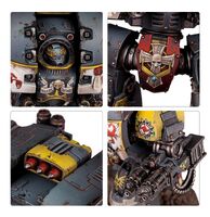 Details of Carab Culln the Risen's Red Scorpions Relic Leviathan Dreadnought sarcophagus, including from clockwise his helm, the Crux Terminatus, twin-linked Assault Cannon and Hunter-Killer Missile Launcher.