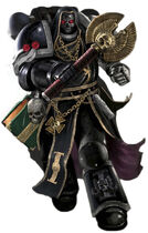 A Deathwatch Chaplain wearing an ebon-coloured devotional Skull Helm.