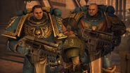 2nd Lieutenant Mira confers with Captain Titus and Sergeant Sidonus of the Ultramarines 2nd Company during the campaign on Forge World Graia.