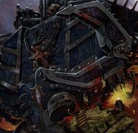 A Chaos Mark IV Castraferrum Pattern Dreadnought using its Pincer Claw during combat