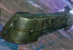 A , a common  trading voidship used by the merchant fleets, in orbit of an Imperial .